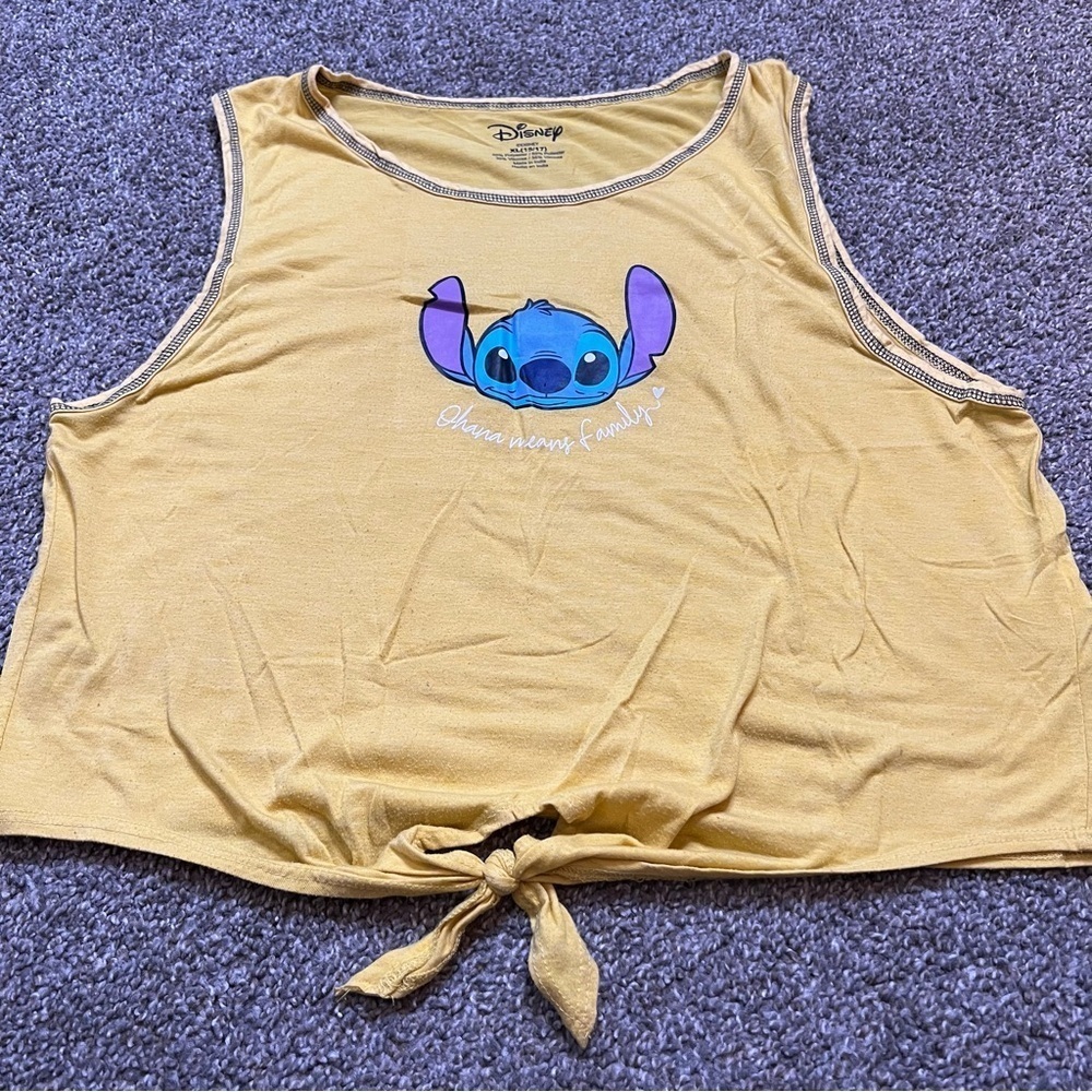 Disney Top Womens Yellow Stitch Ohana Means Family Graphic Tie Front Tank